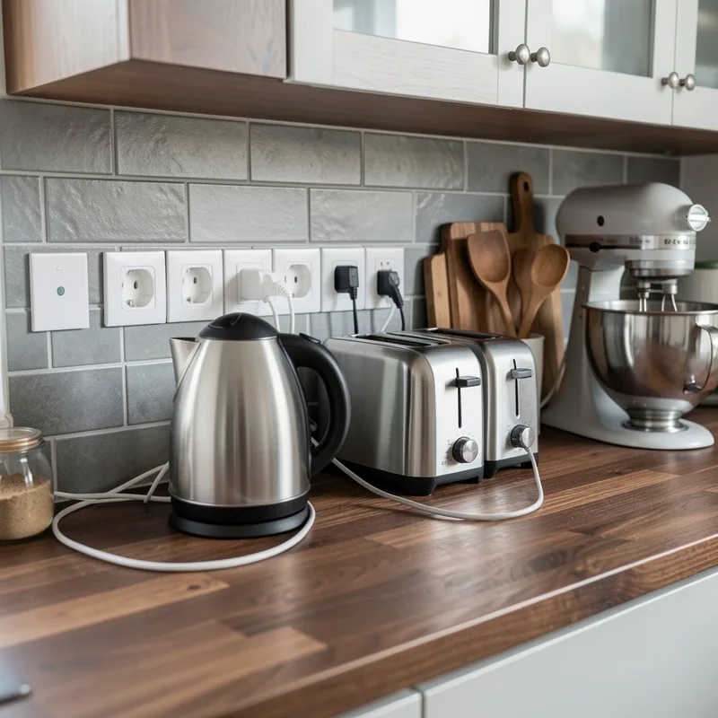 Plan de travail de cuisine moderne avec plusieurs prises de courant blanches alignées au-dessus du meuble
