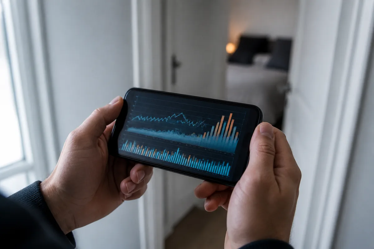 Smartphone affichant une application d&rsquo;analyse wifi avec les niveaux de signal par canal