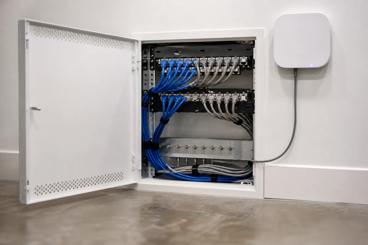 Coffret de communication ouvert avec un point d&rsquo;accès wifi mural raccordé en RJ45