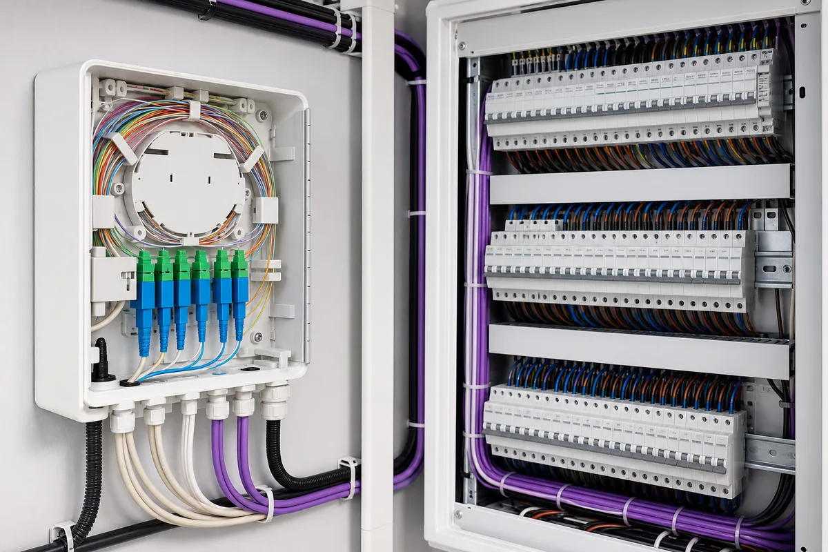 Coffret de branchement optique ouvert montrant les fibres lovées et les connecteurs