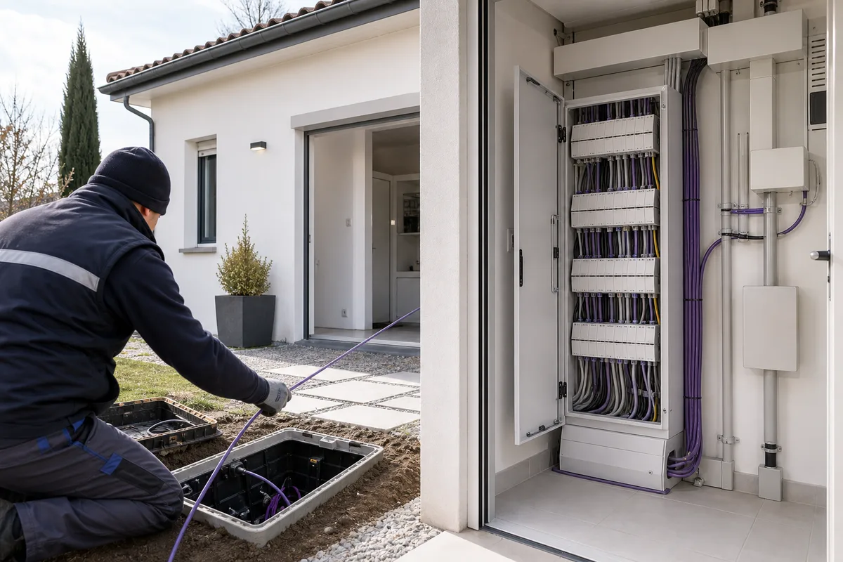 Technicien tirant un câble optique depuis une chambre souterraine vers un pavillon