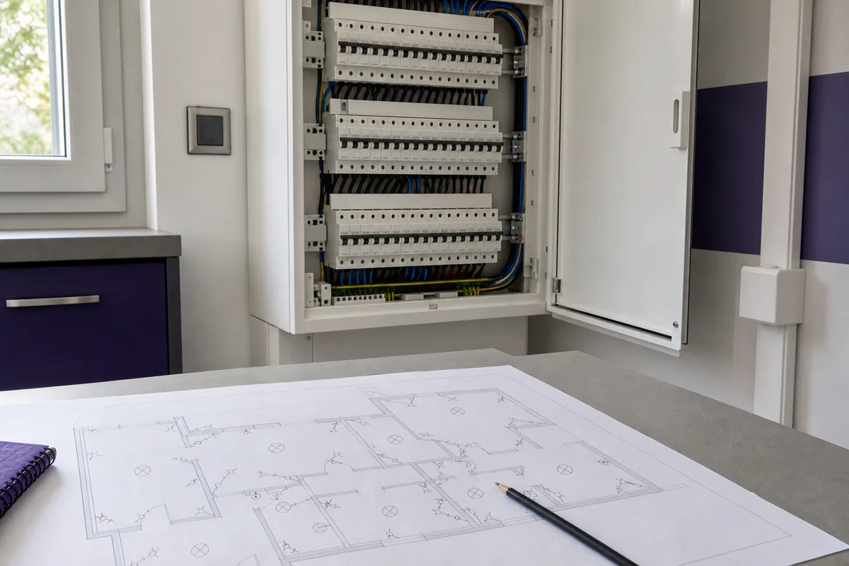 Plan de logement annoté au crayon avec l&rsquo;emplacement des prises et des points lumineux
