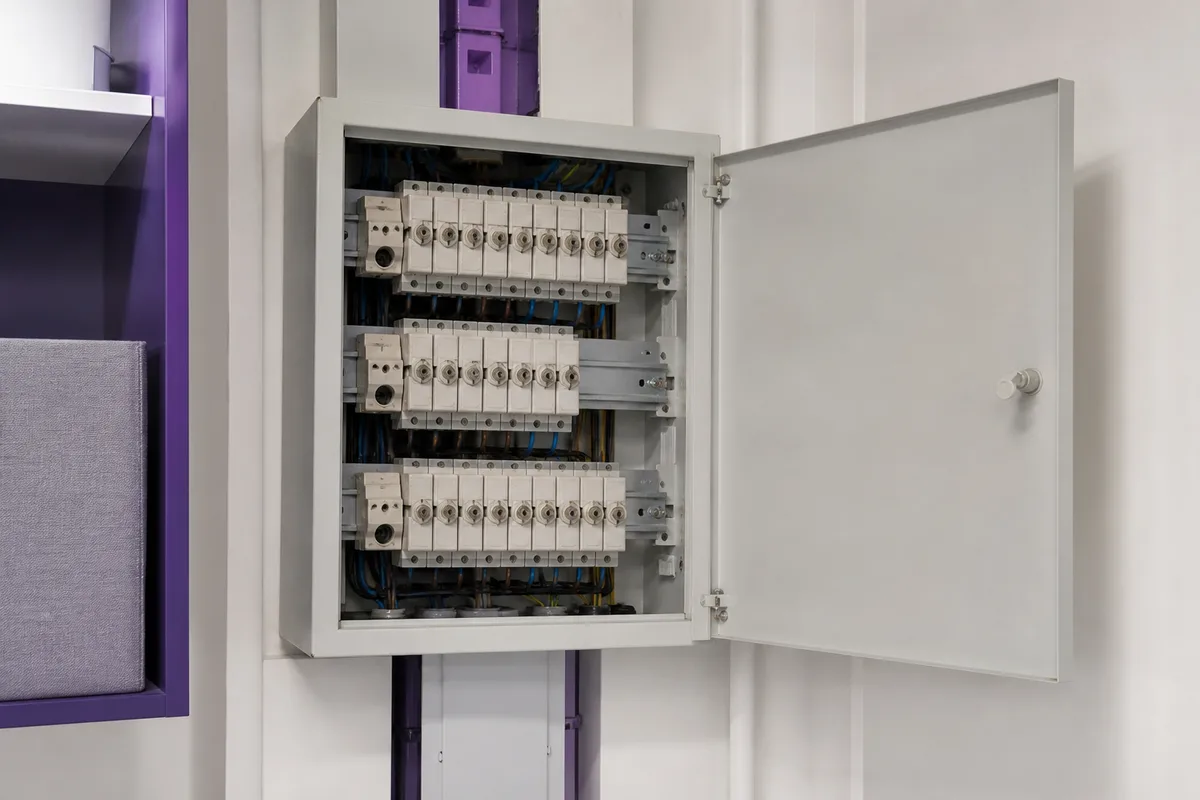 Ancien tableau électrique à fusibles à broche encore en service dans un logement