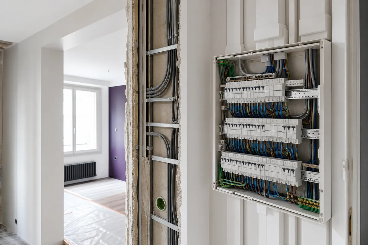 Cloison d&rsquo;appartement ouverte laissant apparaître les gaines électriques encastrées